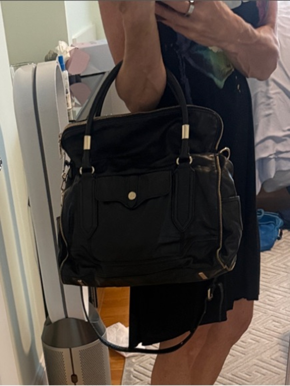 Rebecca Minkoff Black Leather Fold-Over Satchel with Gold Hardware - Picture 9 of 10